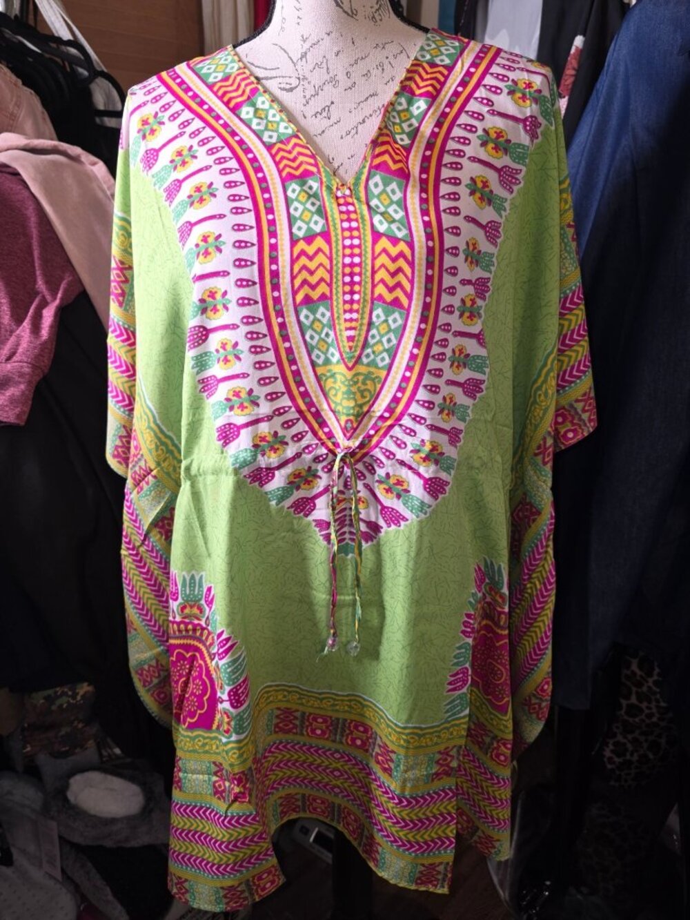 Colorful Boho-Style Green & Pink Printed Kaftan Dress With Drawstring Waist Free